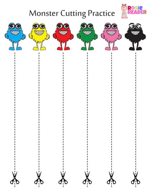 Scissor Skills Worksheet with Monsters - Reading adventures for kids ages 3  to 5