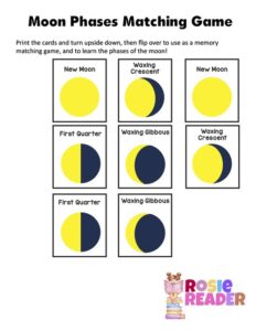 Moon Phases Matching Cards - Reading adventures for kids ages 3 to 5