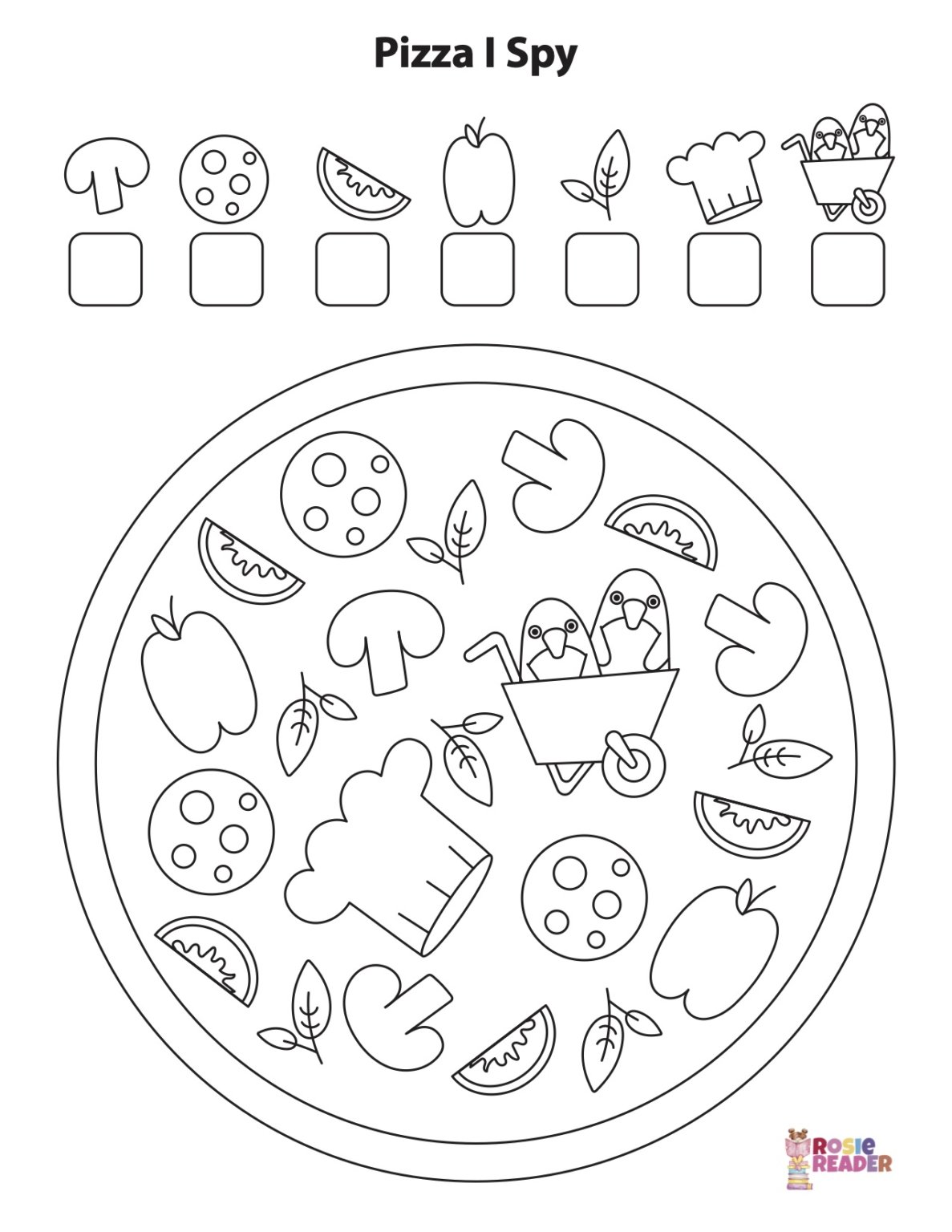 I Spy Printable Pizza Reading adventures for kids ages 3 to 5